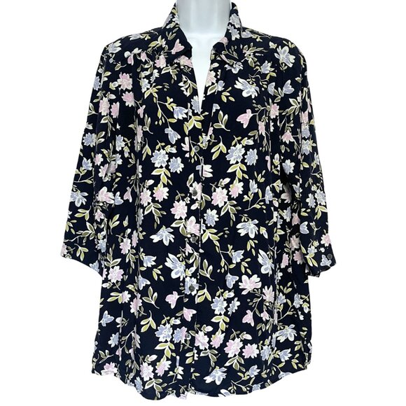 J Jill Button Up Tunic Top Womens 1X Blue Dark Floral Blouse Cottagecore Office - Picture 1 of 9
